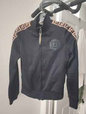 Authentic Fendi Black Bomber Jacket with Brown FF Shoulder Accents. IT 38